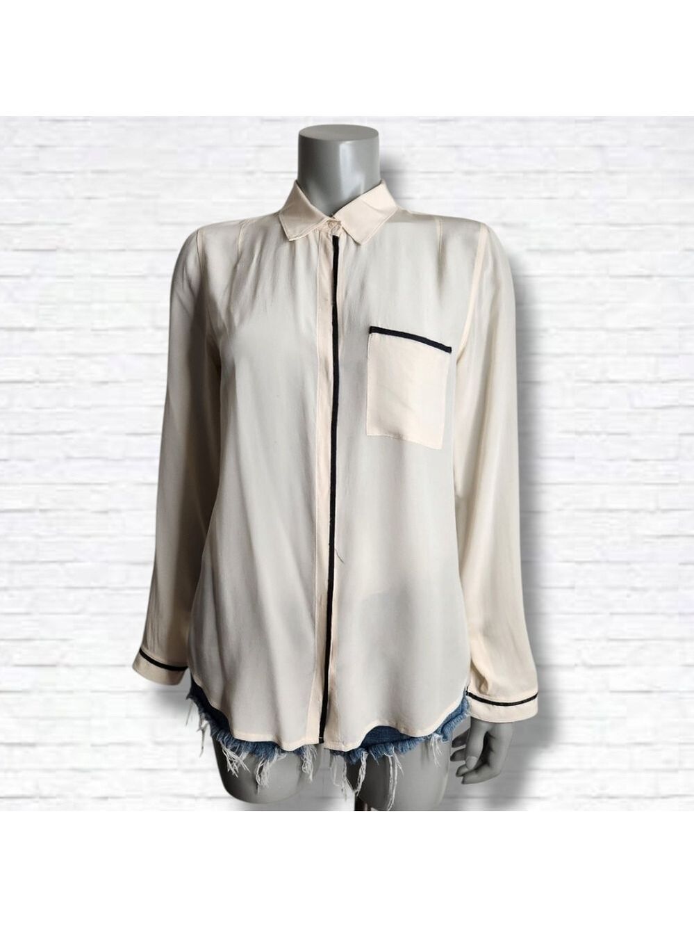 Club Monaco Silk Cream Button Down Sheer Blouse With Faux Leather Piping Size M